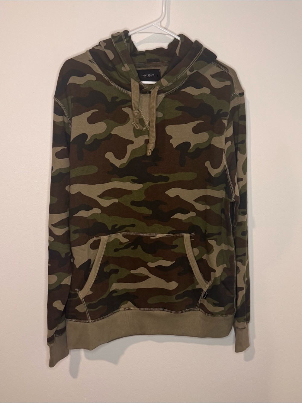 Lucky Brand Camo Hoodie Large Green Brown Pullover Fleece Sweatshirt